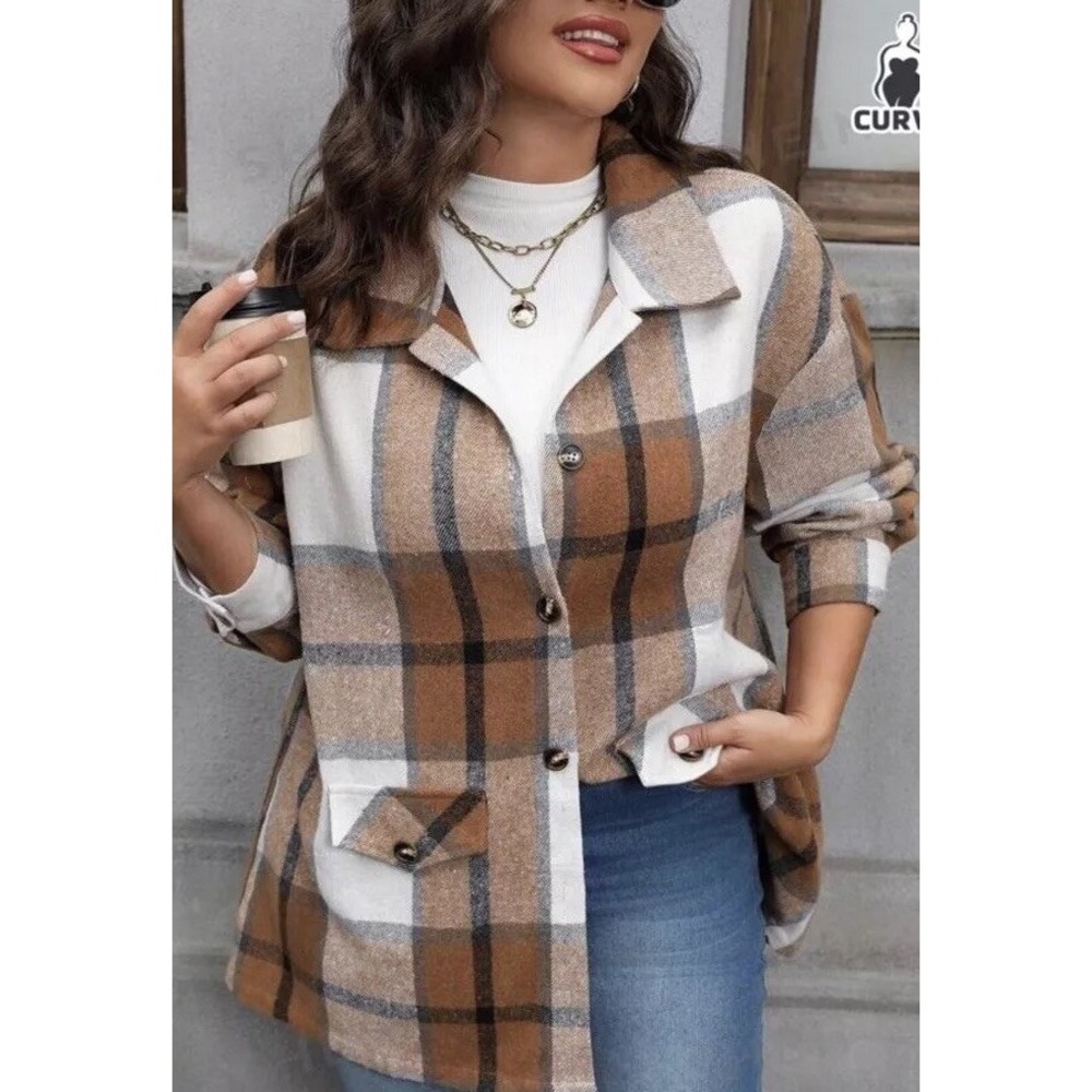 SHEIN Plaid Shirt Jacket Women's XL Tan Cream Button Front Shacket